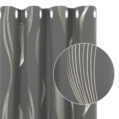 Image of Deconovo Blackout Eyelet Curtains Thermal Insulated Gold Wave Line Foil Printed for Bedroom 52x84 Inch Light Grey 2 Panels