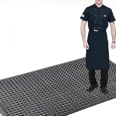 Image of ybaymy Commercial Rubber Floor Mat, 90 x 210cm Heavy Duty Outdoor Mats, Large Anti Fatigue Standing Mat/Non Slip Entrance Mat with Drainage Holes for Kitchen Garden Pool Catering