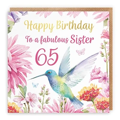 Image of Hunts England 65th Sister Hummingbird Birthday Card With Gold Foil Pretty Flowers Age 65 For Milo&#039;s Gallery Sixty Five Female Floral