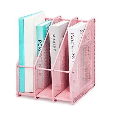 Image of EXERZ Magazine Holder Triple Rack, Mesh Metal 3 Compartments Vertical Documents/Notebooks/Folder/Organiser (Light Pink)