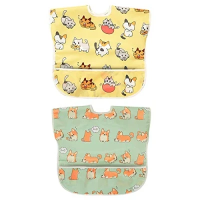 Image of Little Dimsum Baby Food bibSleeveless Weaning Coverall SetBabies&amp;Toddlers Waterproof Feeding BibFood CatcherLarge PocketEasy to clean and wipe (Bear Penguin)