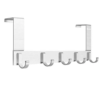 Image of Over The Door Coat Clothes Hanger Rack Anjuer 5 Hooks for Bedroom Bathroom Kitchen Door, Towels Hats Robes Keys Handbags Accessories, Aluminum Alloy