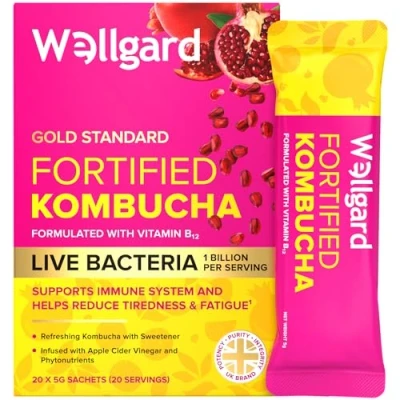 Image of Wellgard Fortified Kombucha, Vegan Probiotic Drink Sticks, 1 Billion CFU Bacillus Coagulans, Prebiotics, Vitamin B₁₂ for Immune &amp; Energy, 20 Sticks