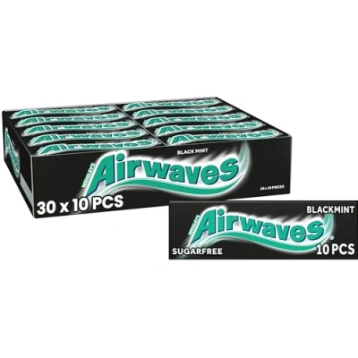 Image of Airwaves Black Mint Sugarfree Chewing Gum, with Menthol Freshness, 30 Packs of 10 Pieces
