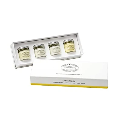 Image of Tiptree Citrus Fruits Candle Gift Box by Wilkin &amp; Sons / 4 x 28g Miniature Natural Wax Candles: Lemon Curd, Lime, Orange Tangerine, &#039;Tawny&#039;