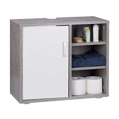 Image of Relaxdays Basin Vanity Unit, One Door, Bathroom Under Sink Cabinet, Siphon Cut Out, Grey, 51x60x32 cm