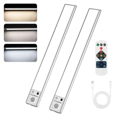 Image of EverBrite Under Cabinet Kitchen Lights with Remote Control, 78 LED Motion Sensor Indoor, 3 Color Wireless Lights, 2200mAh Rechargeable for Kitchen, Cupboard, Wardrobe, Stair, 2 Pack