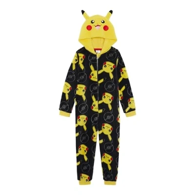 Image of Pokemon Boys Hooded Onesie, Pikachu, Black, Age 11 12 Years