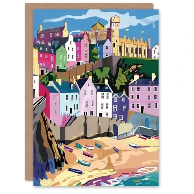 Image of Artery8 Greeting Card Tenby Harbour Beach Coastal Townscape Colourful Blank For All Him Or Her Art Birthday