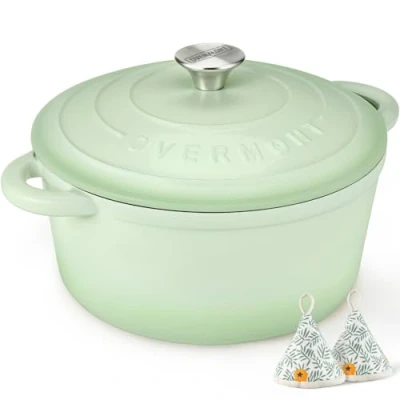 Image of Overmont 26cm/5.2L Enamelled Cast Iron Round Casserole Dish With Lid,5.5QT, Cookbook Non stick Dutch Oven for Braising, Stews, Roasting, Bread Baking Bean green