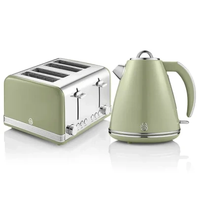 Image of Swan Retro Green Kettle and 4 Slice Toaster Set