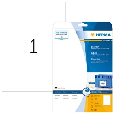 Image of HERMA Self Adhesive Multipurpose Inkjet Labels, 1 Label per A4 Sheet, 25 Sheets, 210 x 297 mm, Blank Universal Labels Stickers, Sticky for Printer, White