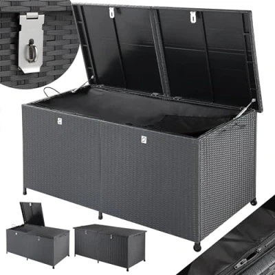 Image of CASARIA® XXL 830L Polyrattan Garden Storage Box Chest XL With Wheels Rollable Lockable Automatic Gas Lift Lid Handles Pillow Cushion Trunk Weather Resistant 150x77x73cm Black
