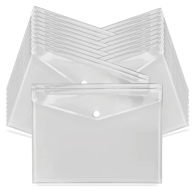 Image of G4GADGET A4 Clear Plastic Wallets Pack of Popper Document Folders with Label Pocket &amp; Snap Button Transparent Envelope for Home, Office, School Travel (20)
