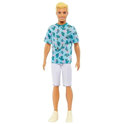 Image of Barbie Ken Fashionistas Doll #211 with Blond Hair, Wearing Cactus Tee and White Shorts Sneakers, HJT10