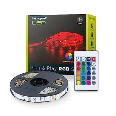 Image of Integral LED 5m RGB Strip Light with UK Plug Adapter &amp; IR Controller, Play, Colour Changing, Dimmable Adjustable Brightness