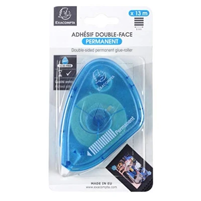 Image of Exacompta Ref 12996E Double Sided Glue Roller 13m Tape Length, pH Neutral Will Not Damage Photos, Blue Plastic, Photos Cannot Be Removed After Sticking Permanent Adhesive