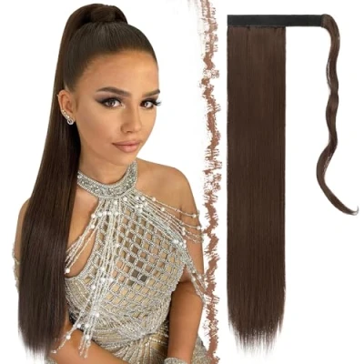 Image of FESHFEN Straight Ponytail Extensions Long Wrap Around Synthetic Clip in Pony Tail Hair Medium Brown Hairpiece for Women, 24 inch