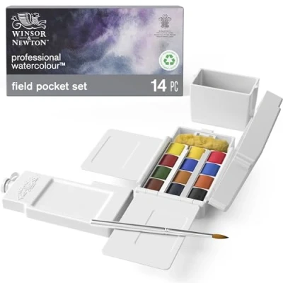 Image of Winsor &amp; Newton, Professional Watercolour Field Box, 12 x Half Pans PLUS 1 Travel Brush + Artists&#039; Sponge 35ml bottle Water Container