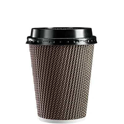 Image of Comfy Package [50 Sets 12 oz. 350 ml Insulated Brown Patterned Ripple Paper Hot Coffee Cups with Lids