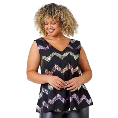 Image of Roman Curve Sequin Zig Zag Cami Top for Women UK Ladies Everyday Autumn Winter V Neckline Comfy Soft Evening Vacation Work Party Night Out Black Size 20