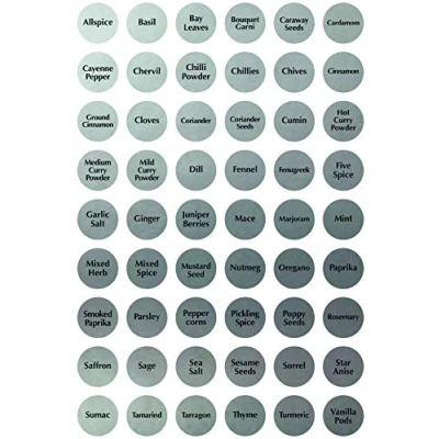 Image of 54 x Spice/Herb Storage Jar Kitchen Home Cooking Labels Stickers Decals 30mm (Metallic Silver with Black Text)