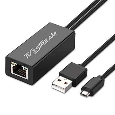 Image of USB Ethernet Adapter (Black) for Firesticks (Gen 2 and 4K Versions) Chromecast with Micro not Type C Connection, to RJ45 Power Supply Cable, speeds up 100Mbps