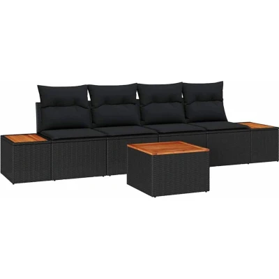 Image of vidaXL 5 Piece Garden Sofa Set with Cushions Black Poly Rattan