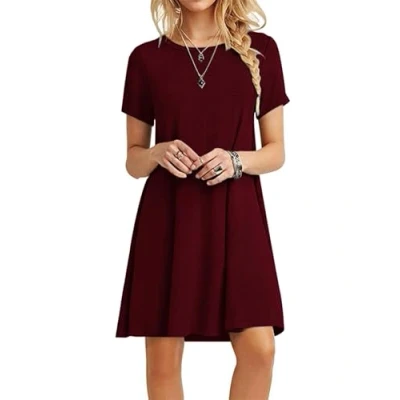 Image of MOLERANI Summer Dresses for Women UK Casual T Shirt Dress Short Sleeve Ladies Beach (M, Wine Red)