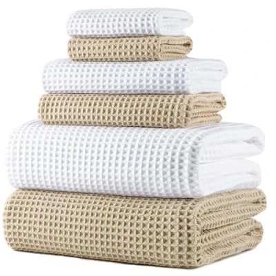 Image of POLYTE Microfibre Oversize, 76 x 152 cm, Quick Dry Lint Free Bath Towel Set, 6 Piece (White,Beige, Waffle Weave)