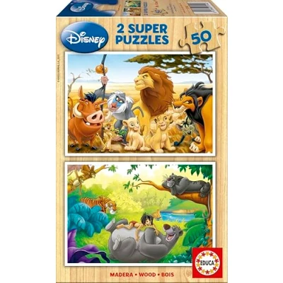 Image of KD Toys EB13144 Disney Animal Friends Educa 13144, 2 x 50 Pieces Wooden, Children&#039;s Puzzle from 4 Years, Lion King, Jungle Book