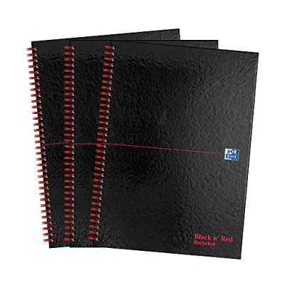 Image of Oxford Black n&#039; Red A4 Recycled Glossy Hardback Wirebound Notebook Ruled 140 Page, Pack of 3