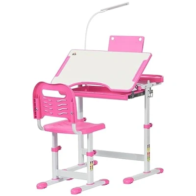 Image of HOMCOM Kids Desk and Chair Set, Height Adjustable Study with USB Lamp, Storage Drawer for Study, Pink White