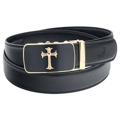 Image of QHA Mens Jesus Cross Automatic Buckle Ratchet Leather Belt Q39 Gold Black 30 36&quot;