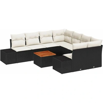 Image of vidaXL 9 Piece Garden Sofa Set with Cushions Black Poly Rattan Acacia
