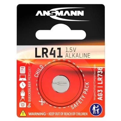 Image of ANSMANN LR41 Coin Battery [Pack of 1] Alkaline 1.5V Button Cell Ideal for Laser Pointers, Watches, Voice Recorders, Glucometers, Thermometers, and Kids Toys Silver