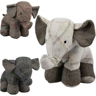 Image of Large Tartan Heavy Fabric Elephant Door Stop Home Office Animal Cuddly Toy Doorstop