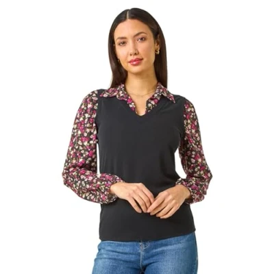 Image of Roman Womens Floral Print Sweater Vest Long Sleeve Top Black Size 18 UK