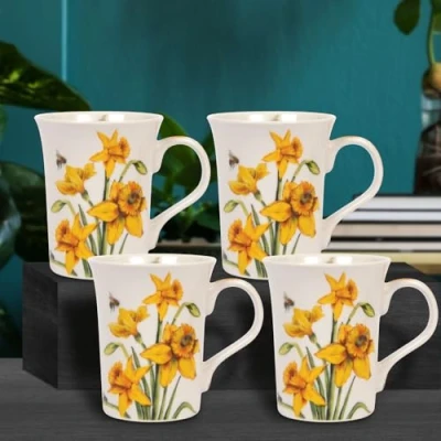 Image of Lesser &amp; Pavey Bee Tanical Set of 4 Ceramic Mugs Daffodils, Poppy or Thistles Floral Design (Daffodil)