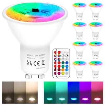 Image of REYLAX GU10 Colour Changing LED Bulbs Dimmable 50 Watt Equivalent with Remote 5W Spotlight Warm White 12 Colours RGBW Spot Lights 5 Modes Timer for Atmosphere and Daily Lighting Pack of 8