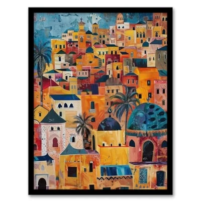 Image of Artery8 Moroccan Cityscape Artwork Colourful Exotic Ochre Living Room Framed Wall Art Print 18X24 Inch