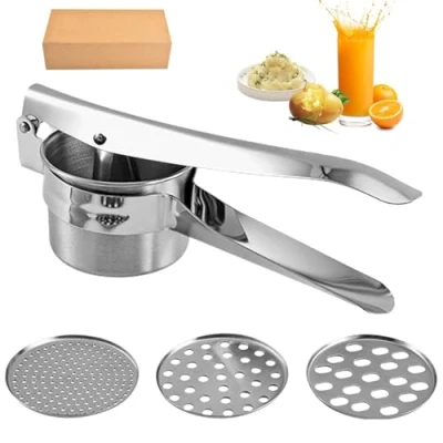 Image of Potato Ricer, Mash Masher Stainless Steel with 3 Interchangeable Discs, Heavy Duty Food Press, Multifunctional Ricer for Mashed Potatoes, Puree, Fruit and Veg(Silver)