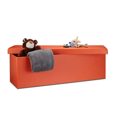 Image of Relaxdays Folding Storage Ottoman XL, 38 x 114 cm Sturdy Seat with Bench, Faux Leather, Removable Lid, Orange