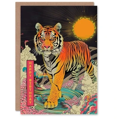Image of Artery8 Birthday Card Psychedelic Tiger Sun Trippy Colourful For Him Man Male Dad Brother Son Papa Grandad Greeting