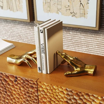 Image of Kare Design Bookend Holding Fingers (2/Set), Two Piece Bookend, Hands, Gold, Item Height 21 cm