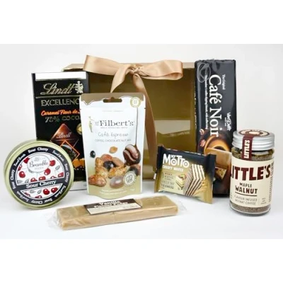 Image of Luxury Coffee &amp; Chocolate Lovers Gift Hamper Premium Espresso Snacks, Fine Dark Chocolate, Fudge, and More Perfect for Birthdays Anniversaries Corporate Gifting Mocha Moments