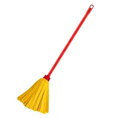 Image of HOMESHOPA Floor Cleaning Mop, Yellow Synthetic Cloth Strips Replacement Head &amp; Red Long Handle, Washable Highly Absorbent Stripes and Universal Fit