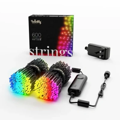 Image of Twinkly Strings 600 LED RGB, Light String for in and Outdoor, Christmas Lights, Smart Mappable LEDs, Compatible with Alexa Google Home, IP44, Controlled by App, Black Wire, 48m