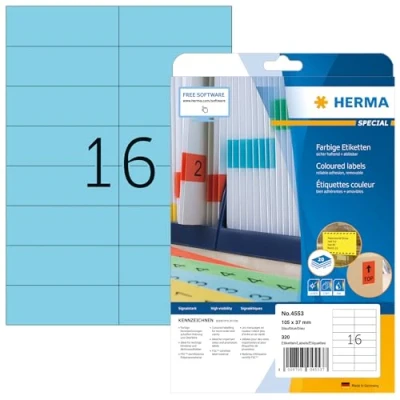 Image of HERMA Self Adhesive Coloured Labels, 16 Labels per A4 Sheet, 20 Sheets, 105 x 37 mm, 320 Blank Removable Colour Stickers, Sticky for Laser &amp; Inkjet Printer, Blue