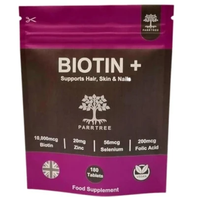 Image of Biotin + Hair Growth Food Supplement Enhanced with Zinc Selenium &amp; Folic Acid 180 Tablets 10,000 mcg Vegan Nails Skin Vitamins for Women Men UK Made